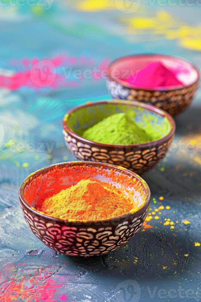 Vibrant Collection of Powdered Holi Colors in Traditional Bowls on Dark Background photo