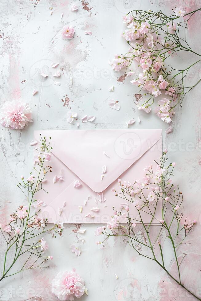 Elegant Pink Envelope Surrounded by Delicate Flowers on a Textured White Background photo