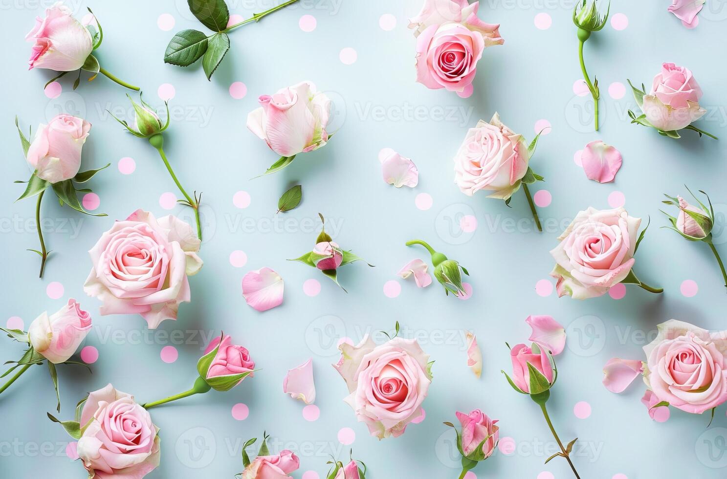 Scattered Pink Roses and Petals on Pastel Blue Background Capturing a Whimsical Floral Arrangement photo