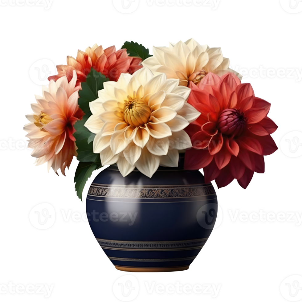Beautiful dahlia flower in vase isolated on transparent background png