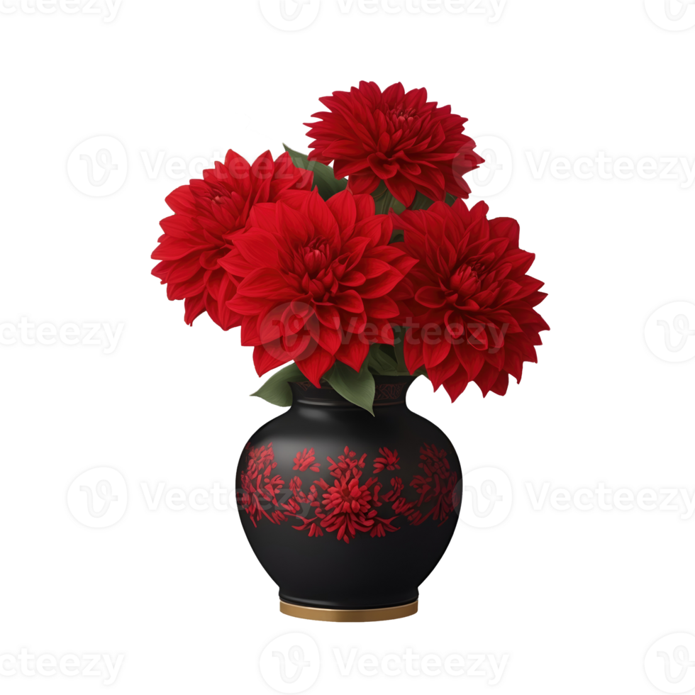 Beautiful red dahlia flower in ceramic vase isolated on transparent background png