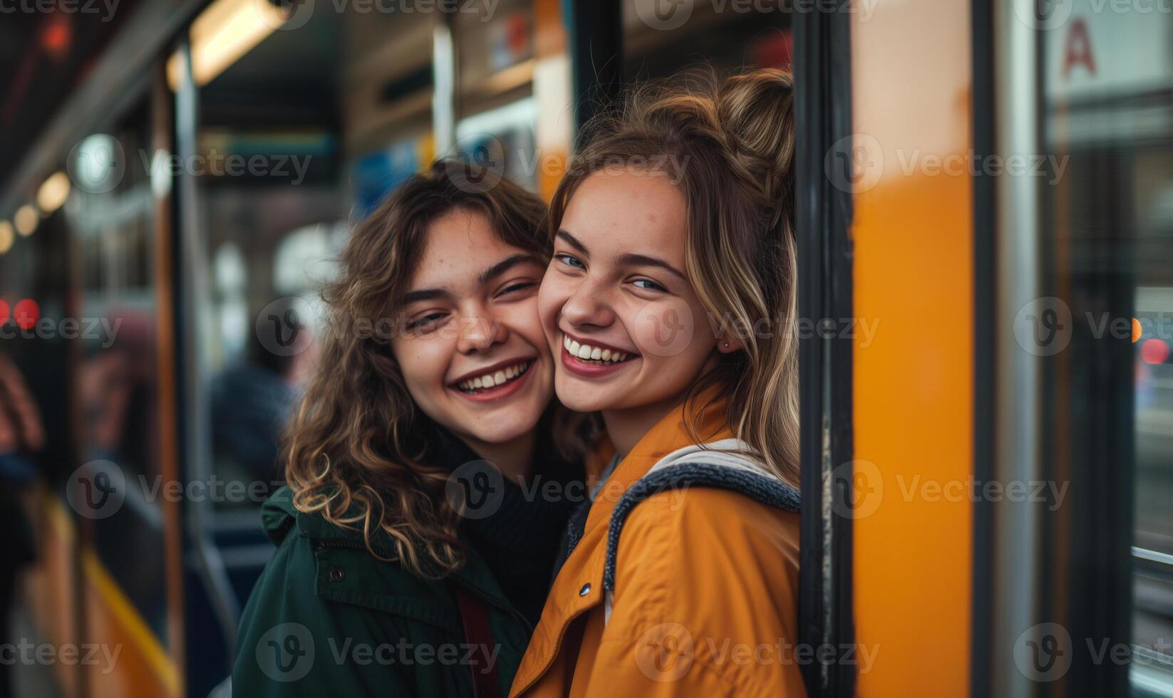 Urban Adventures - Joyful Friends Sharing a Laugh on Public Transit photo