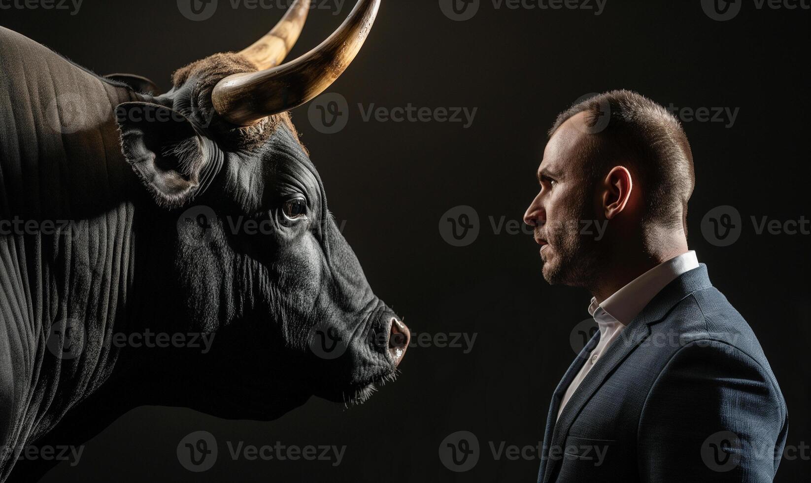Man in Suit Facing Mighty Bull - Confrontation and Strength Concept photo