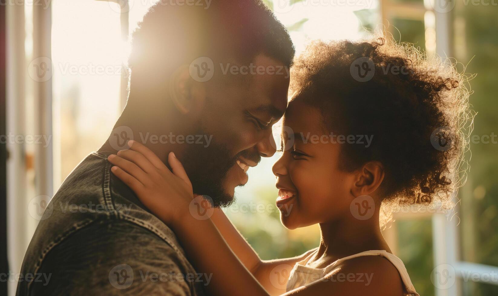 Joyful African American Dad and Daughter Sharing a Tender Moment in Sunlit Room photo