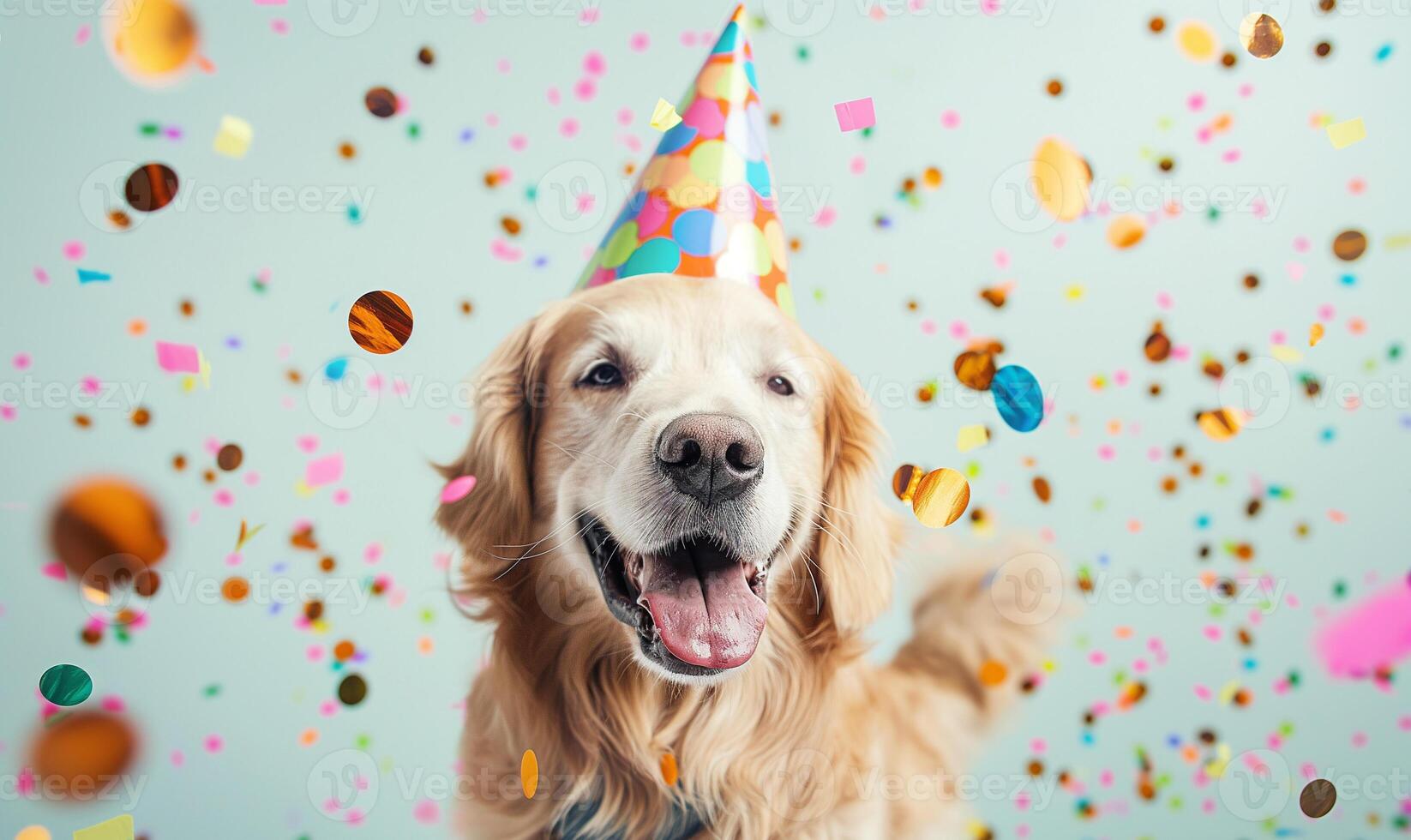 celebración canino perro con fiesta sombrero en medio de papel picado alegría foto