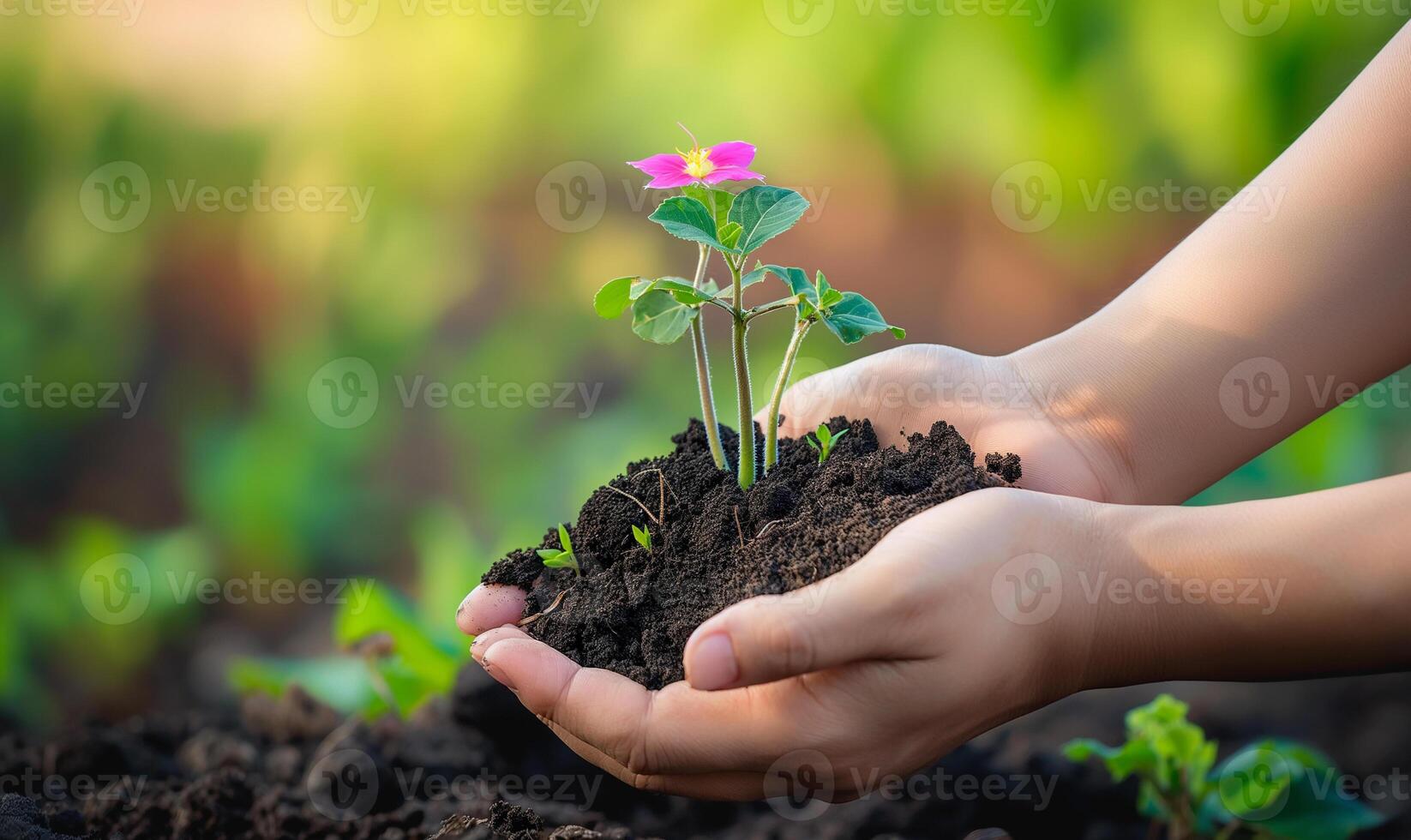 nutriendo crecimiento manos plantando joven planta en fértil suelo foto