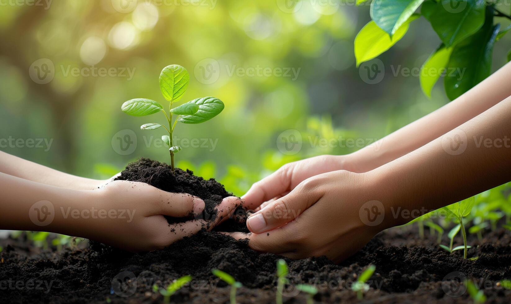 cultivando crecimiento mano plantando joven árbol árbol joven en suelo foto