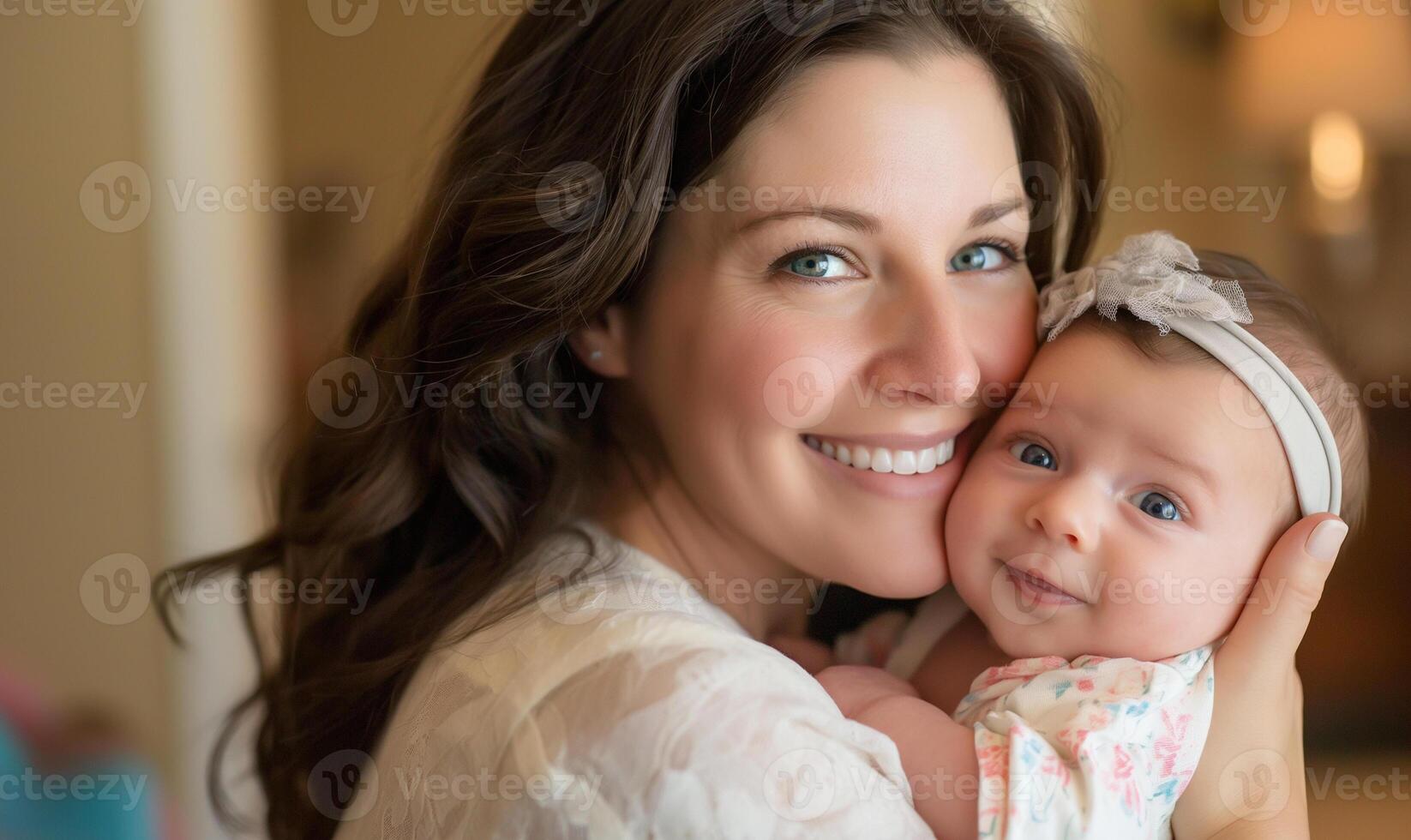 Mother's Gentle Smile - Newborn Baby Girl Adorned with a Bow Headband photo
