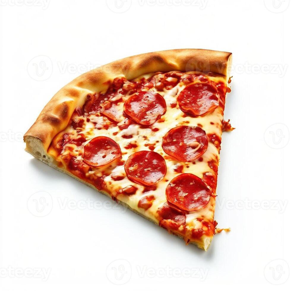 a hot pizza slice with dripping melted cheese isolated o -white background photo