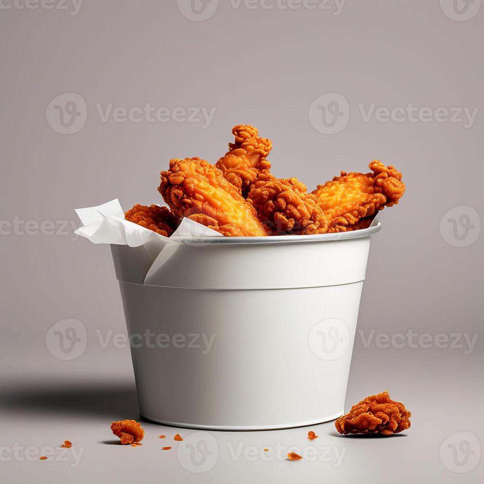 frito pollo en papel Cubeta aislado en blanco antecedentes foto