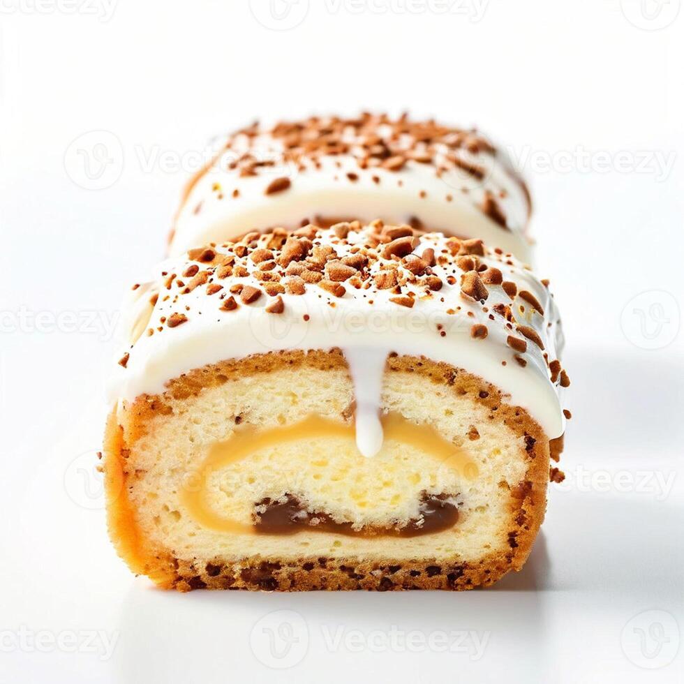 sponge cake roll isolated on white background swiss roll with vanilla cream sliced biscuit roll wi photo