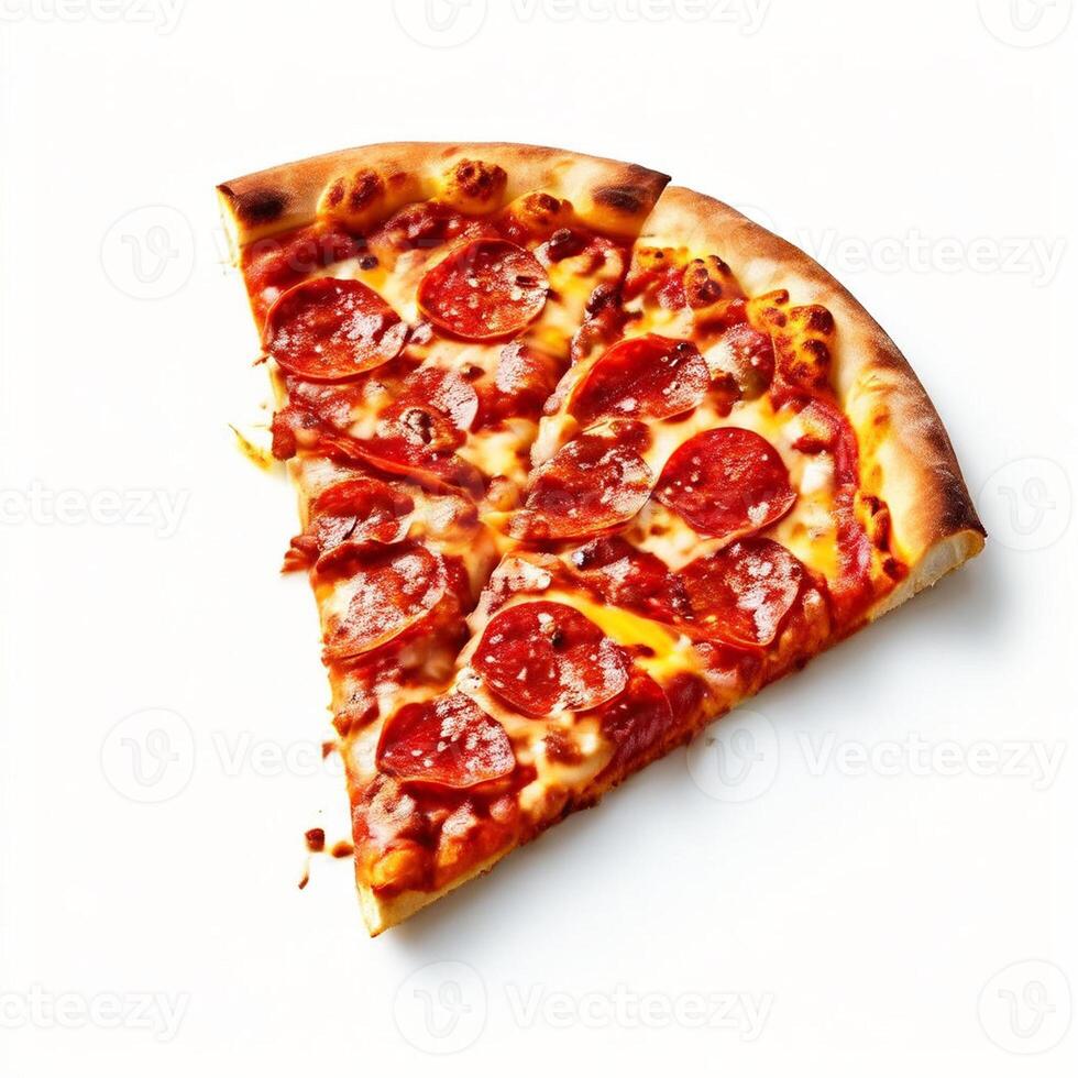a hot pizza slice with dripping melted cheese isolated o -white background photo