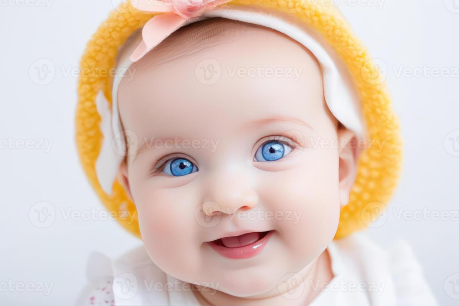 Portrait of cute little baby girl with big blue eyes on white background. Happy healthy childhood concept. photo
