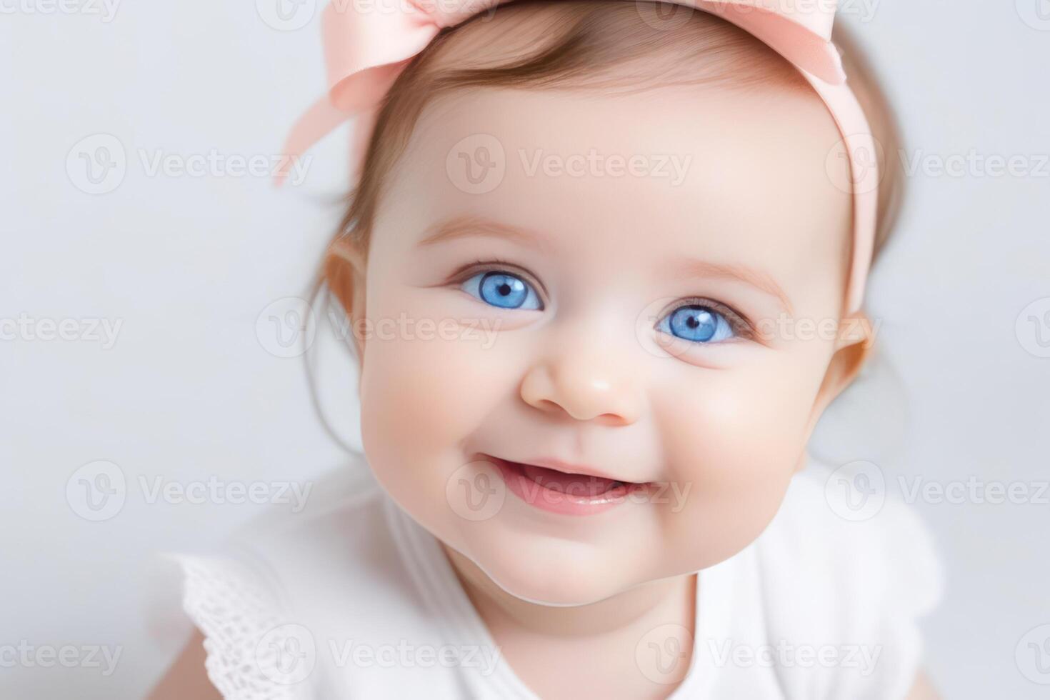 Portrait of cute little baby girl with big blue eyes on white background. Happy healthy childhood concept. photo