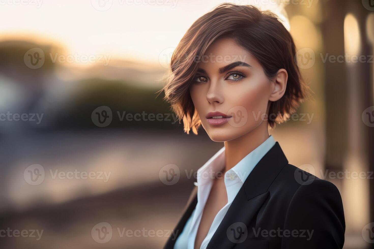 Business woman in stylish suit posing at the workplace. Successful happy elegant lady looking directly at the camera. photo