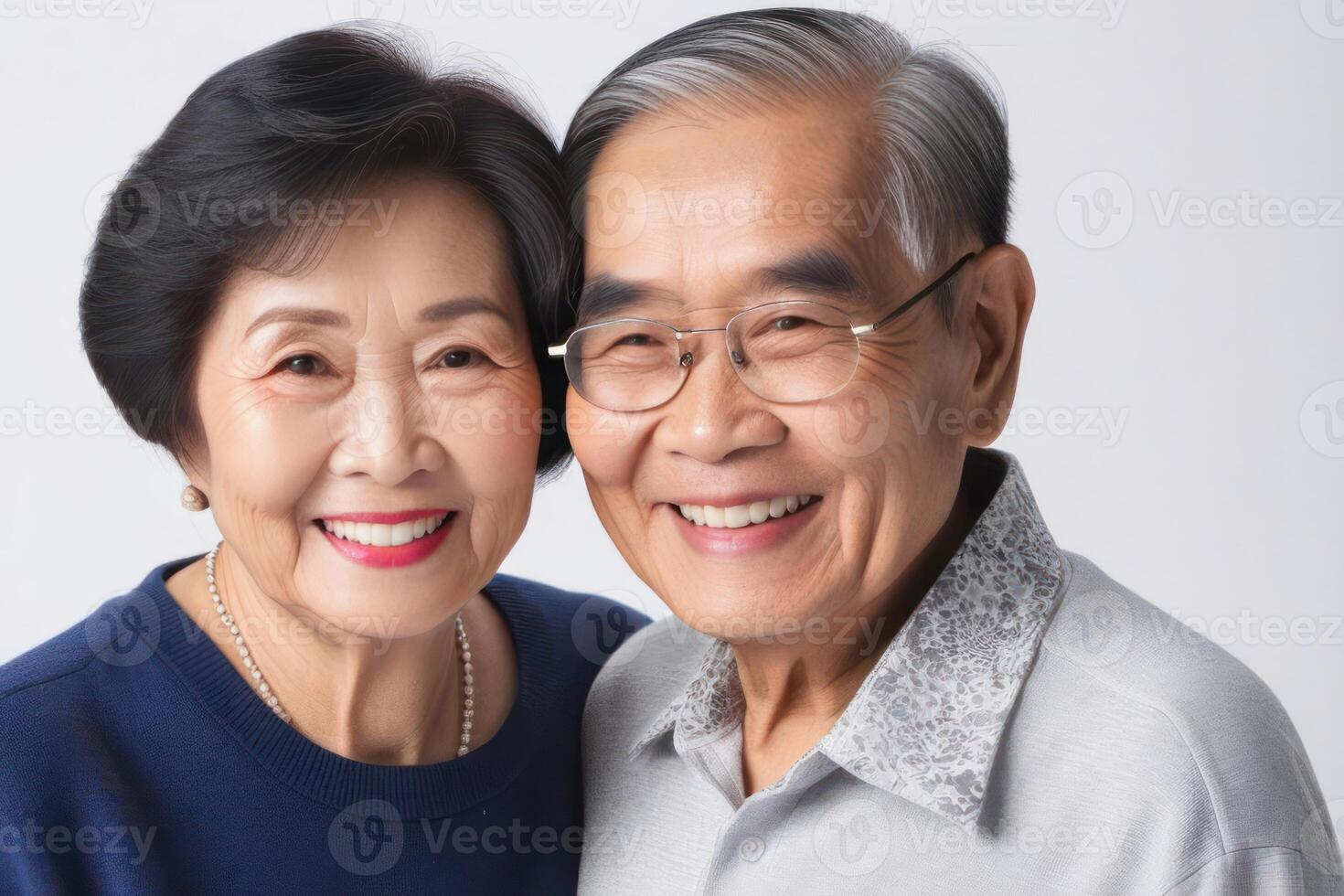 Happy Asian senior couple in light background. Concept of success in business and life. photo