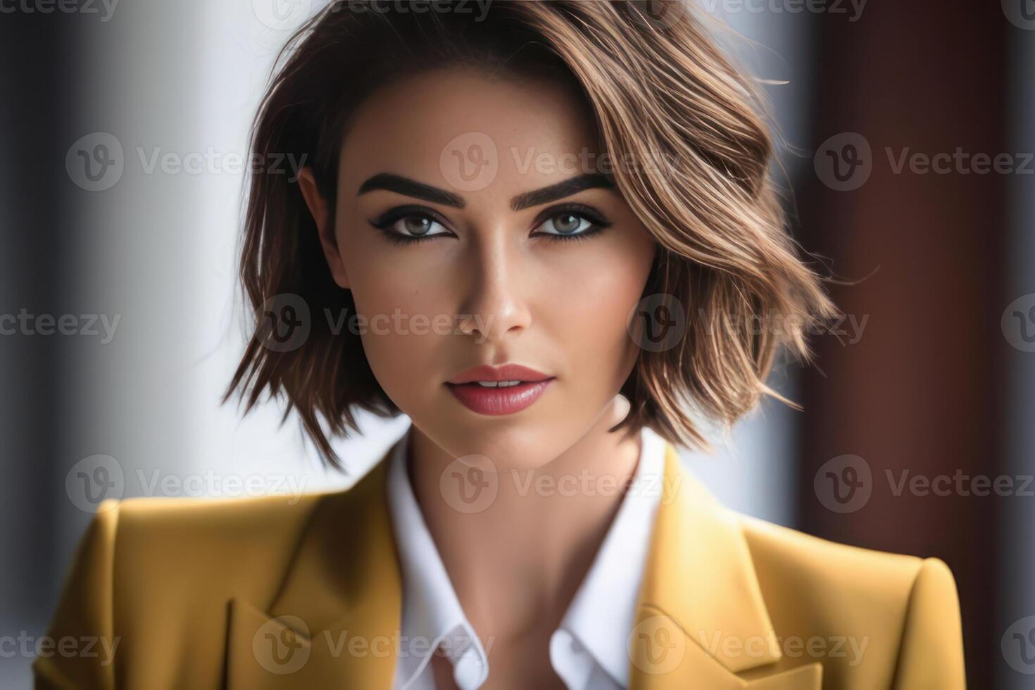 Business woman in stylish suit posing at the workplace. Successful happy elegant lady looking directly at the camera. photo