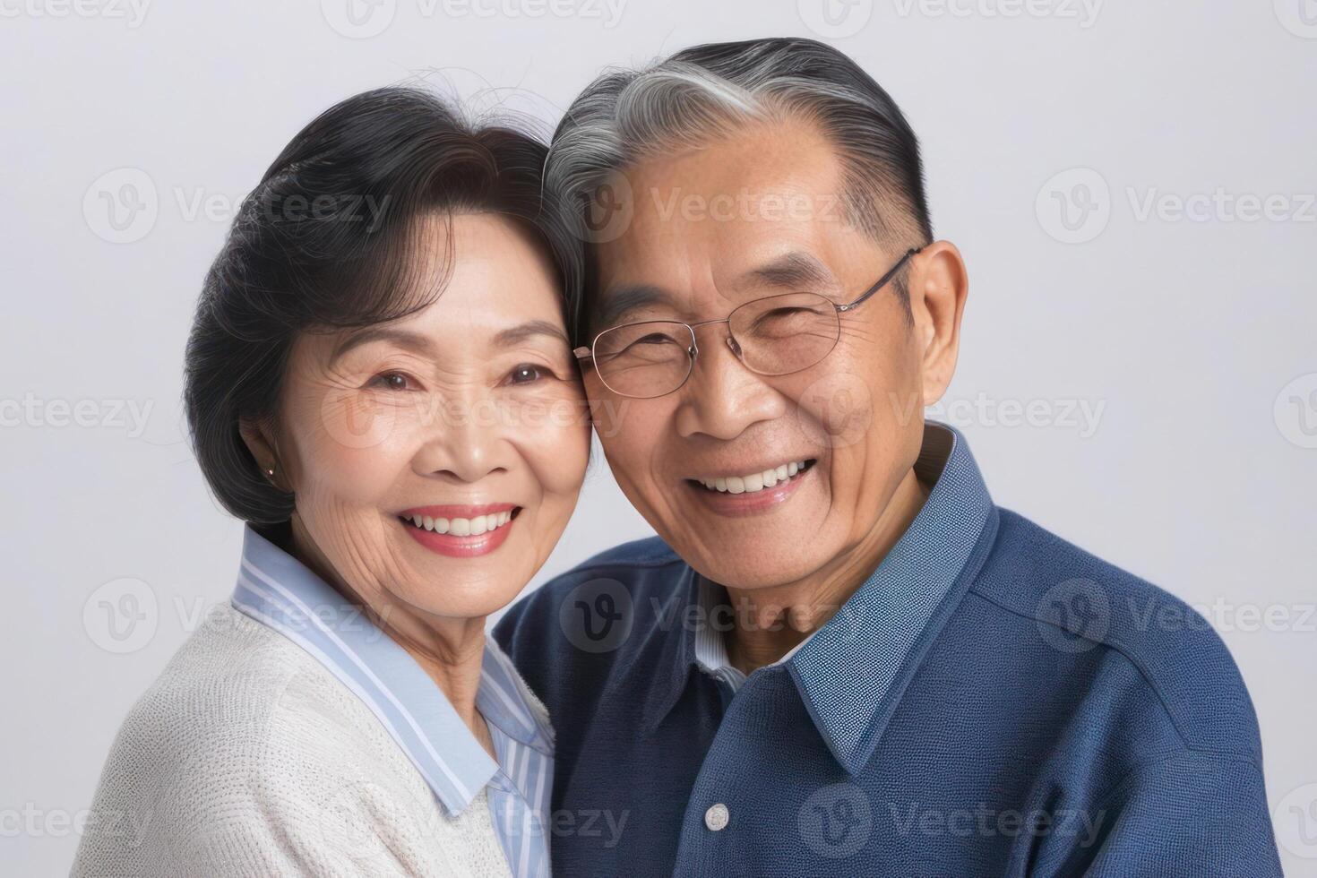 Happy Asian senior couple in light background. Concept of success in business and life. photo