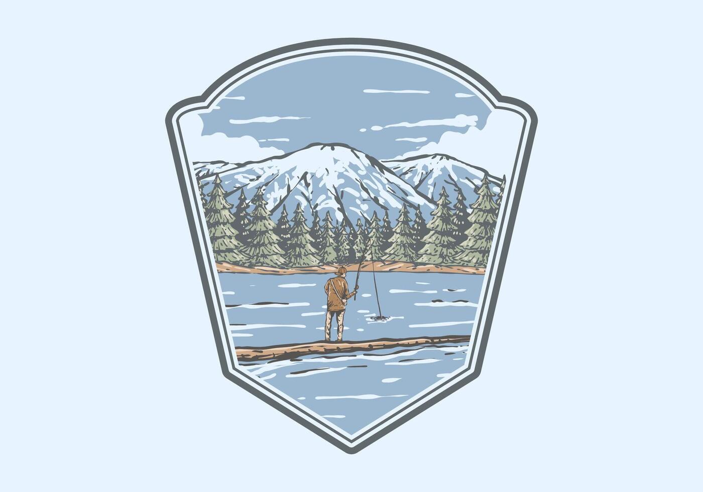 Vintage illustration of a man fishing on the lake with forest and mountain view vector