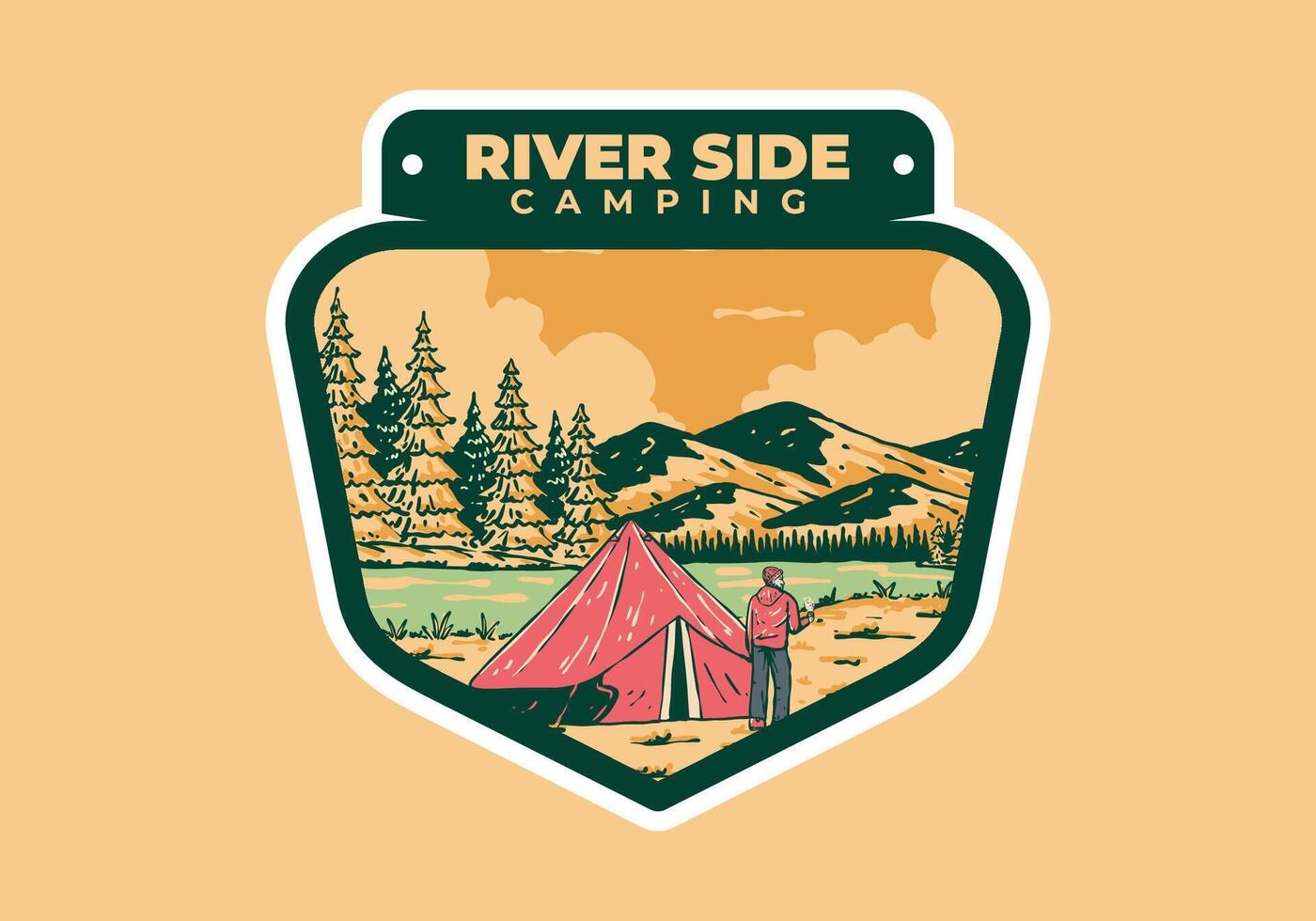 River side camping. Vintage outdoor illustration badge vector