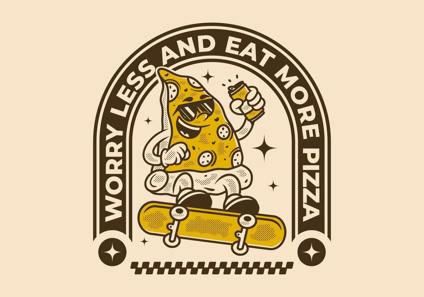 Worry less and eat more pizza. Retro illustration of pizza character jumping on skateboard vector