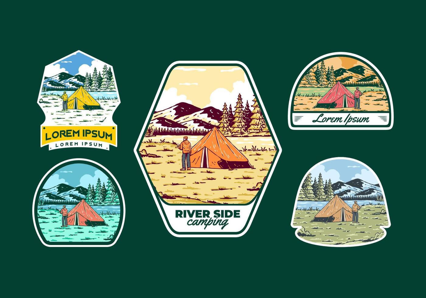 River side camping. Vintage outdoor illustration badge vector