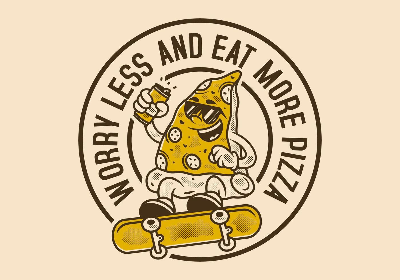 preocupación Menos y comer más Pizza. retro ilustración de Pizza personaje saltando en patineta vector