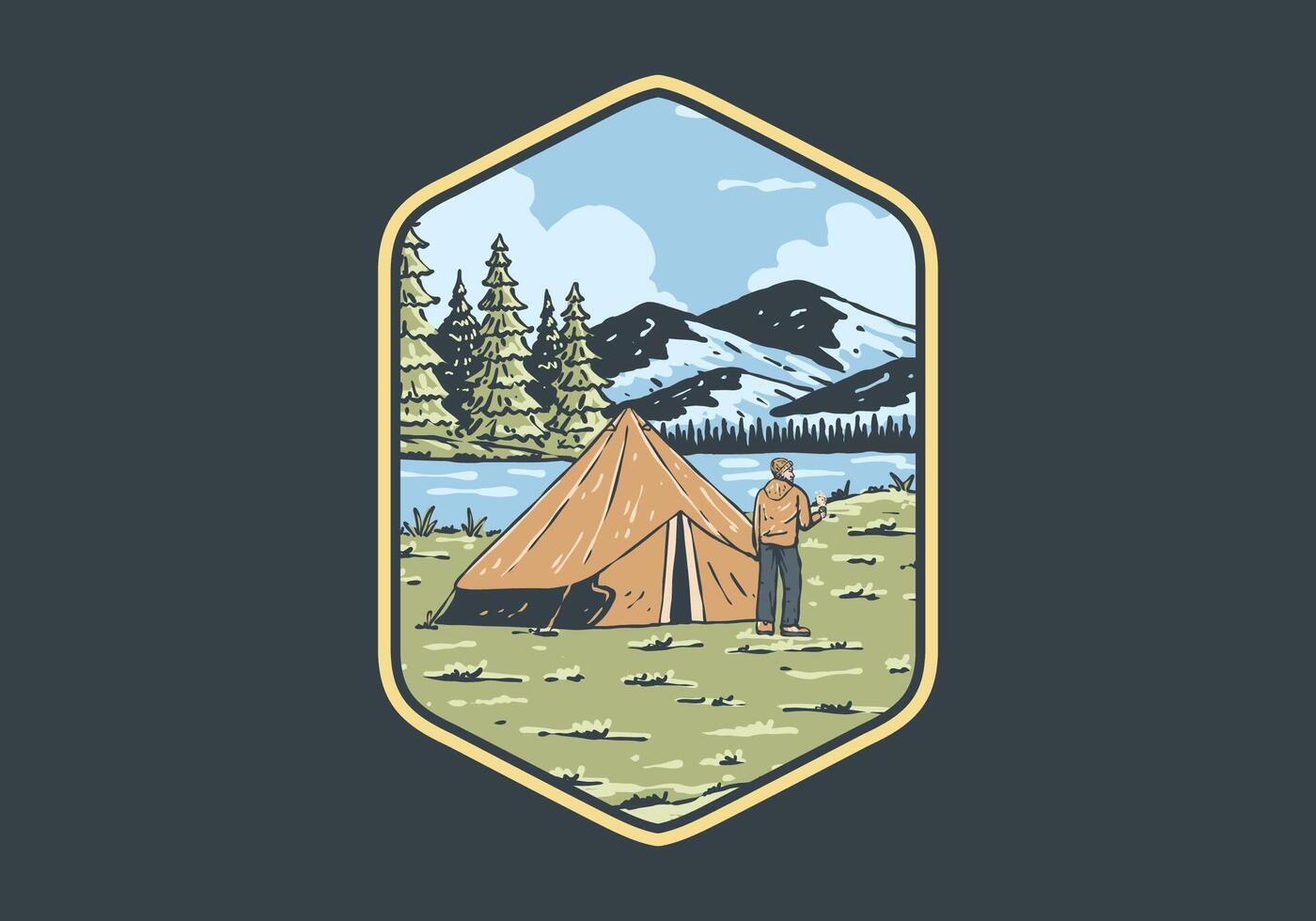 River side camping. Vintage outdoor illustration badge vector