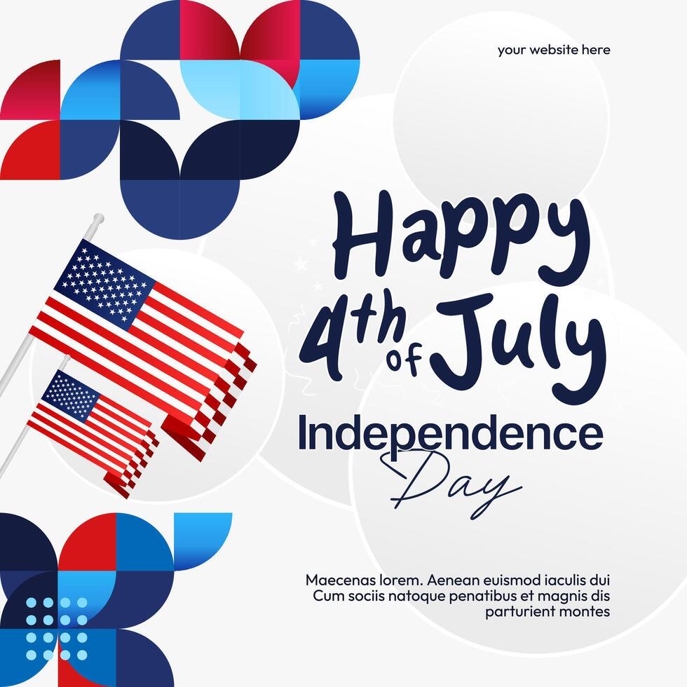 United States Independence Day square banner in colorful modern geometric style. USA National Day greeting card cover on 4th of July with country flag. Backgrounds for celebrating national holidays vector