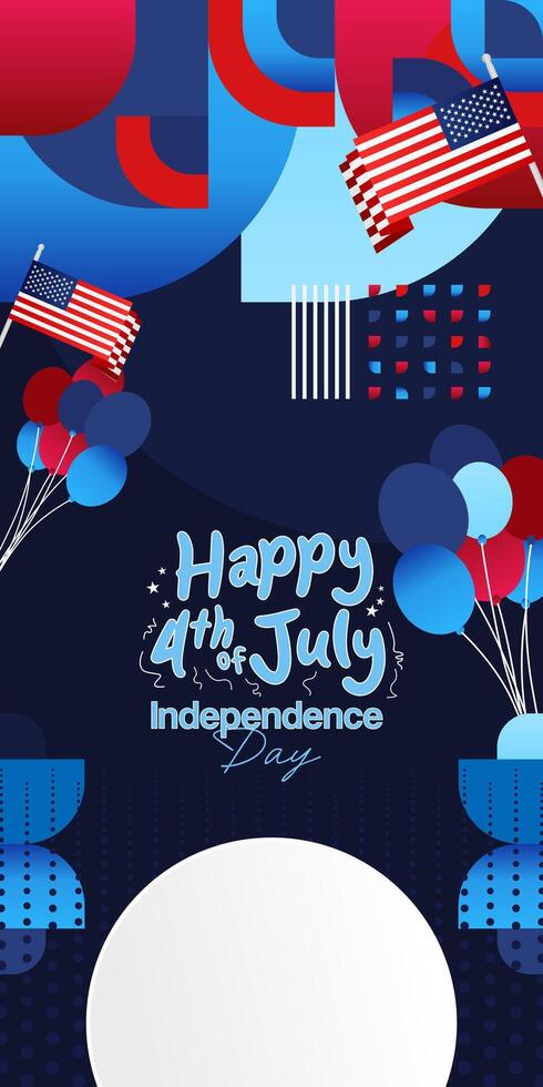 United States Independence Day banner in colorful modern geometric style. USA National Day greeting card cover on 4th of July with country flag. Vertical backgrounds for celebrating national holidays vector