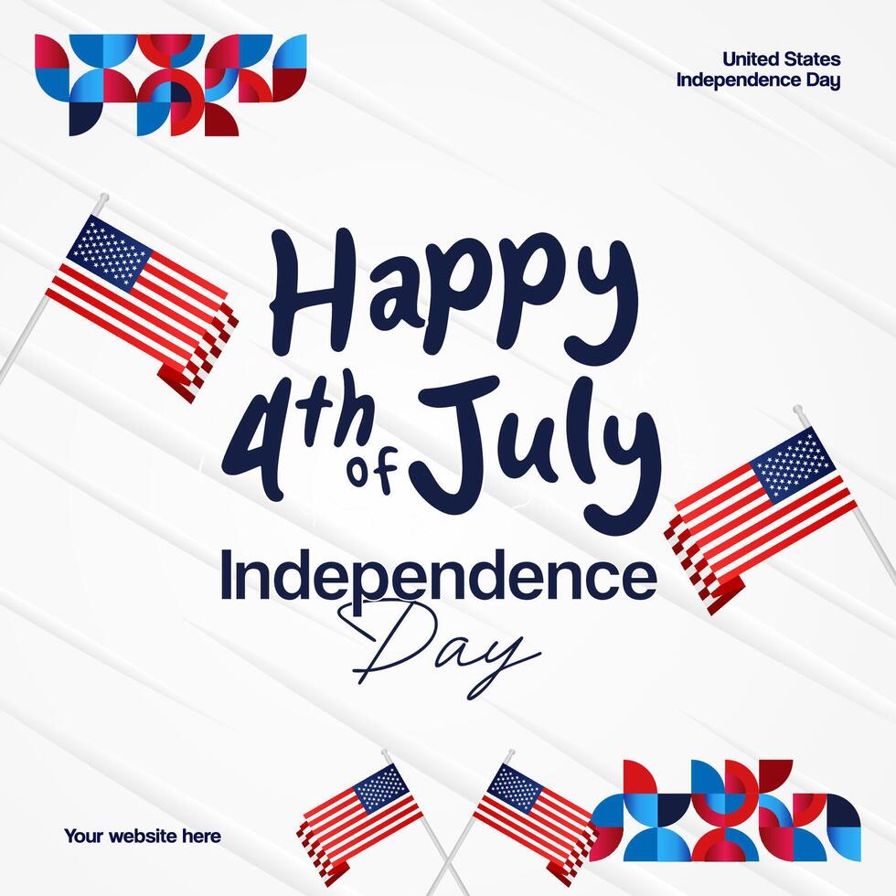 United States Independence Day square banner in colorful modern geometric style. USA National Day greeting card cover on 4th of July with country flag. Backgrounds for celebrating national holidays vector