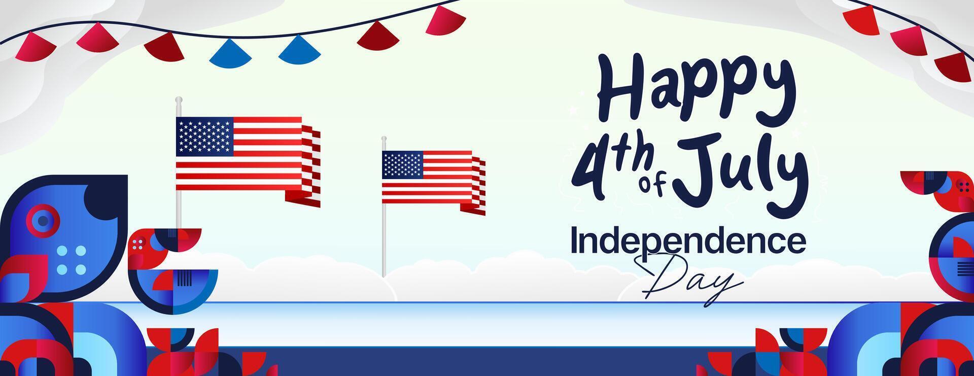 United States Independence Day wide banner in colorful modern geometric style. USA National Day greeting card cover on 4th of July with country flag. Illustration celebrating national holidays vector