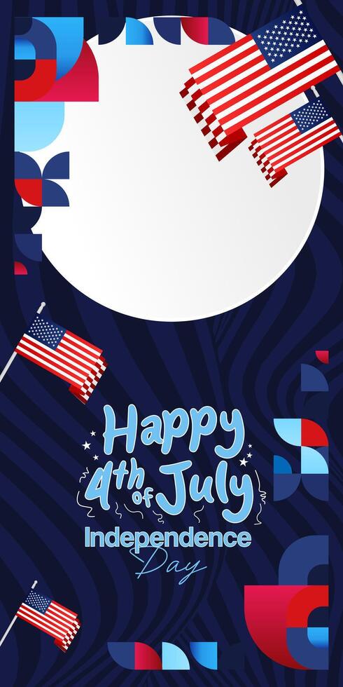 United States Independence Day banner in colorful modern geometric style. USA National Day greeting card cover on 4th of July with country flag. Vertical backgrounds for celebrating national holidays vector