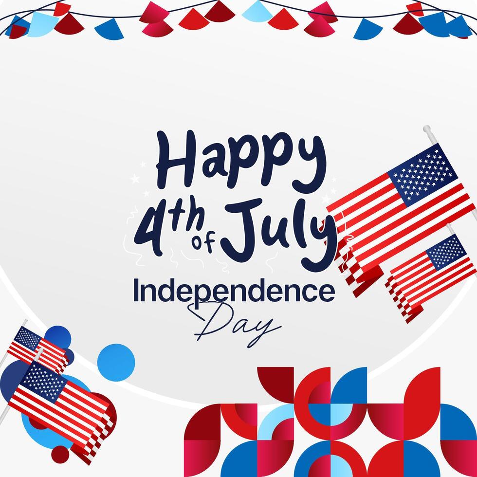 United States Independence Day square banner in colorful modern geometric style. USA National Day greeting card cover on 4th of July with country flag. Backgrounds for celebrating national holidays vector