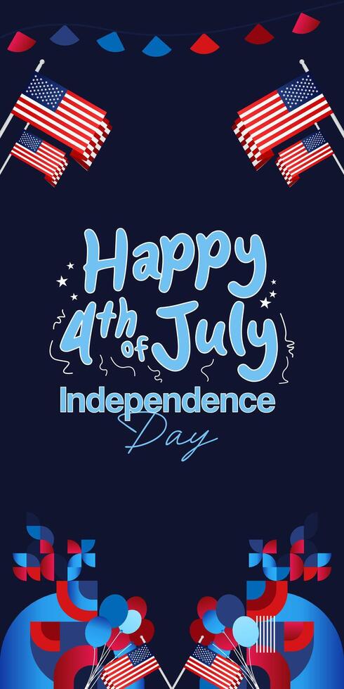 United States Independence Day banner in colorful modern geometric style. USA National Day greeting card cover on 4th of July with country flag. Vertical backgrounds for celebrating national holidays vector