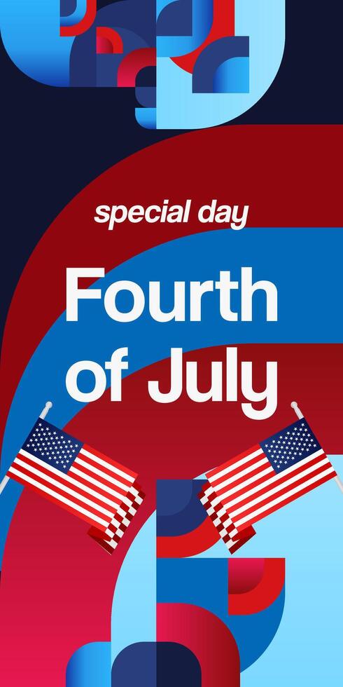 United States Independence Day banner in colorful modern geometric style. USA National Day greeting card cover on 4th of July with country flag. Vertical backgrounds for celebrating national holidays vector