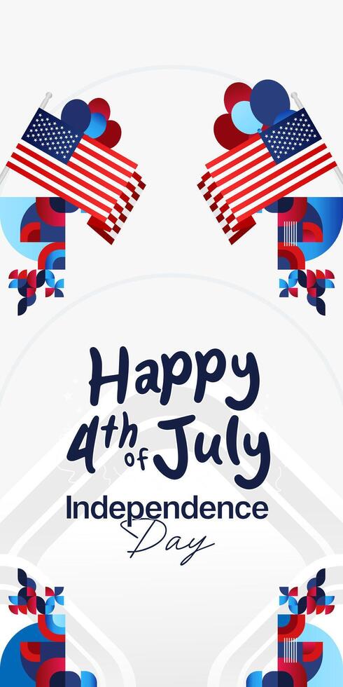 United States Independence Day banner in colorful modern geometric style. USA National Day greeting card cover on 4th of July with country flag. Vertical backgrounds for celebrating national holidays vector