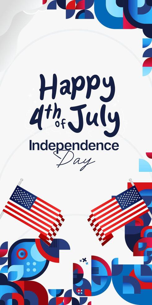 United States Independence Day banner in colorful modern geometric style. USA National Day greeting card cover on 4th of July with country flag. Vertical backgrounds for celebrating national holidays vector