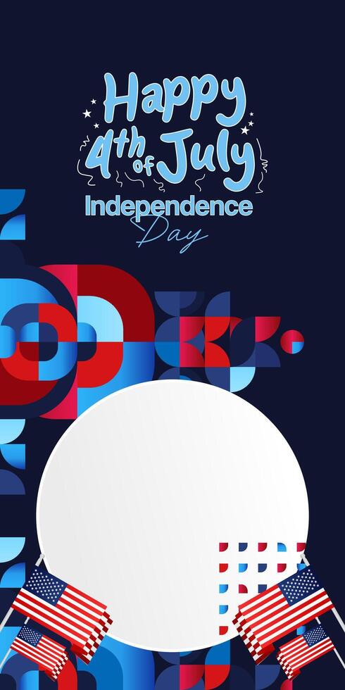 United States Independence Day banner in colorful modern geometric style. USA National Day greeting card cover on 4th of July with country flag. Vertical backgrounds for celebrating national holidays vector