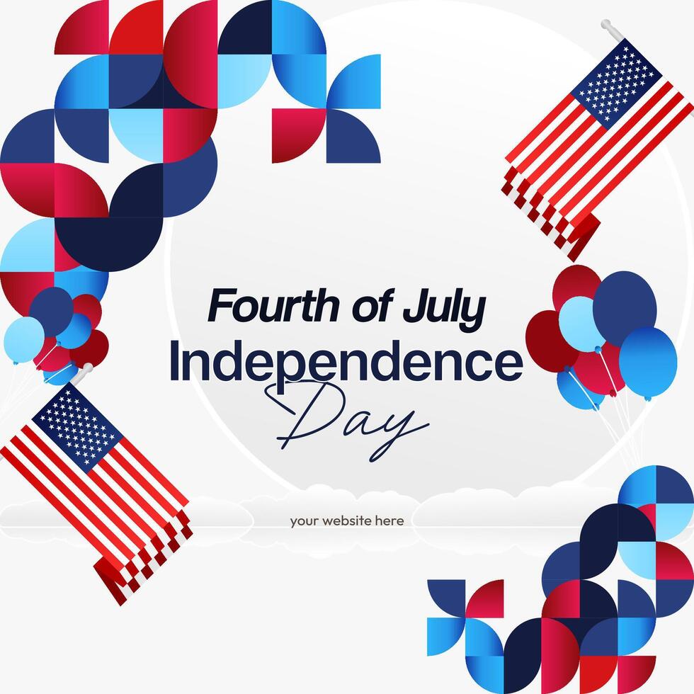 United States Independence Day square banner in colorful modern geometric style. USA National Day greeting card cover on 4th of July with country flag. Backgrounds for celebrating national holidays vector