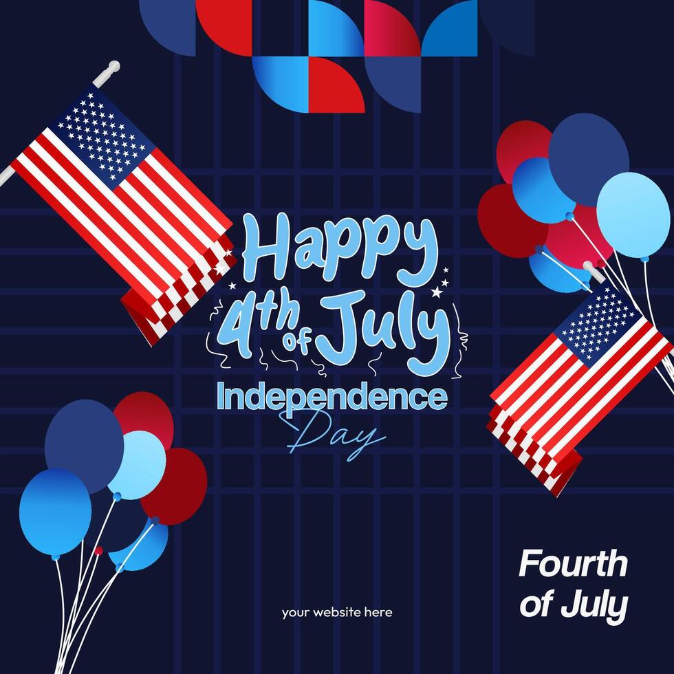 United States Independence Day square banner in colorful modern geometric style. USA National Day greeting card cover on 4th of July with country flag. Backgrounds for celebrating national holidays vector