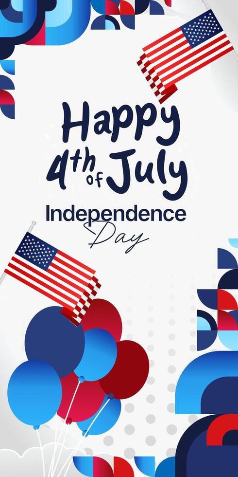 United States Independence Day banner in colorful modern geometric style. USA National Day greeting card cover on 4th of July with country flag. Vertical backgrounds for celebrating national holidays vector