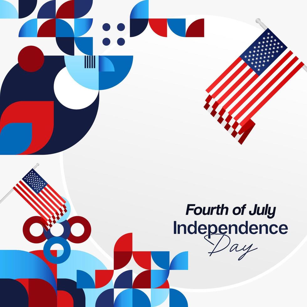 United States Independence Day square banner in colorful modern geometric style. USA National Day greeting card cover on 4th of July with country flag. Backgrounds for celebrating national holidays vector