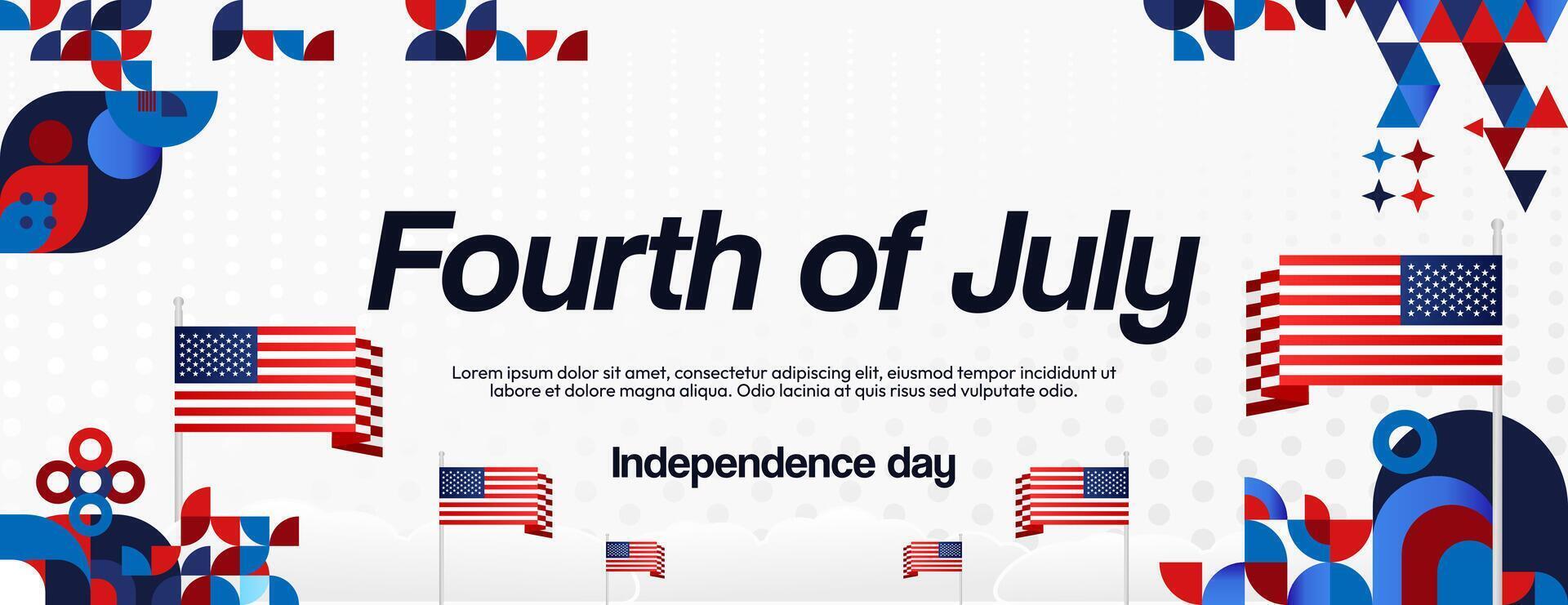 United States Independence Day wide banner in colorful modern geometric style. USA National Day greeting card cover on 4th of July with country flag. Illustration celebrating national holidays vector