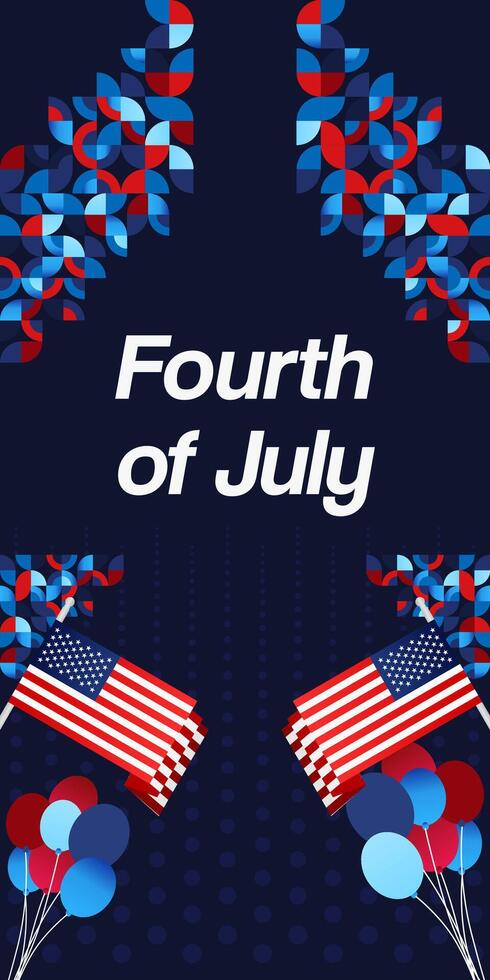 United States Independence Day banner in colorful modern geometric style. USA National Day greeting card cover on 4th of July with country flag. Vertical backgrounds for celebrating national holidays vector