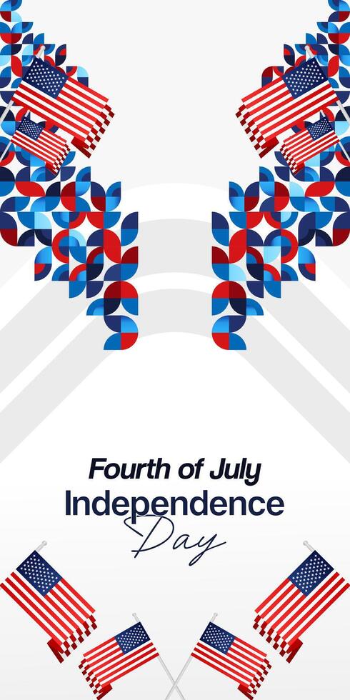 United States Independence Day banner in colorful modern geometric style. USA National Day greeting card cover on 4th of July with country flag. Vertical backgrounds for celebrating national holidays vector