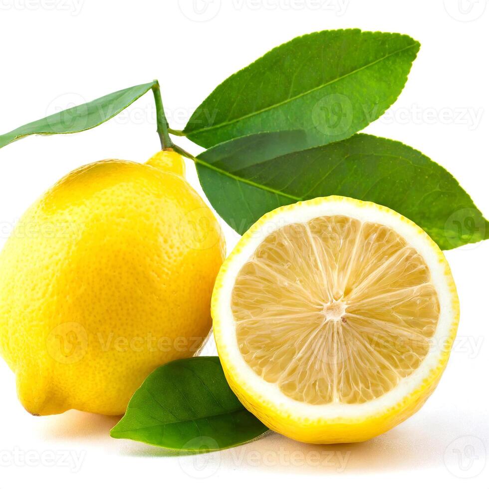 Lemon fruit with leaves isolated on white background photo