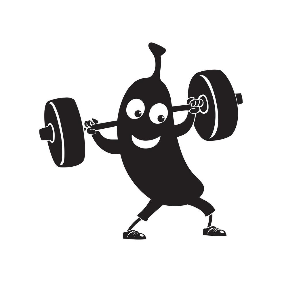 A cute banana lifting heavy weight barbell silhouette vector