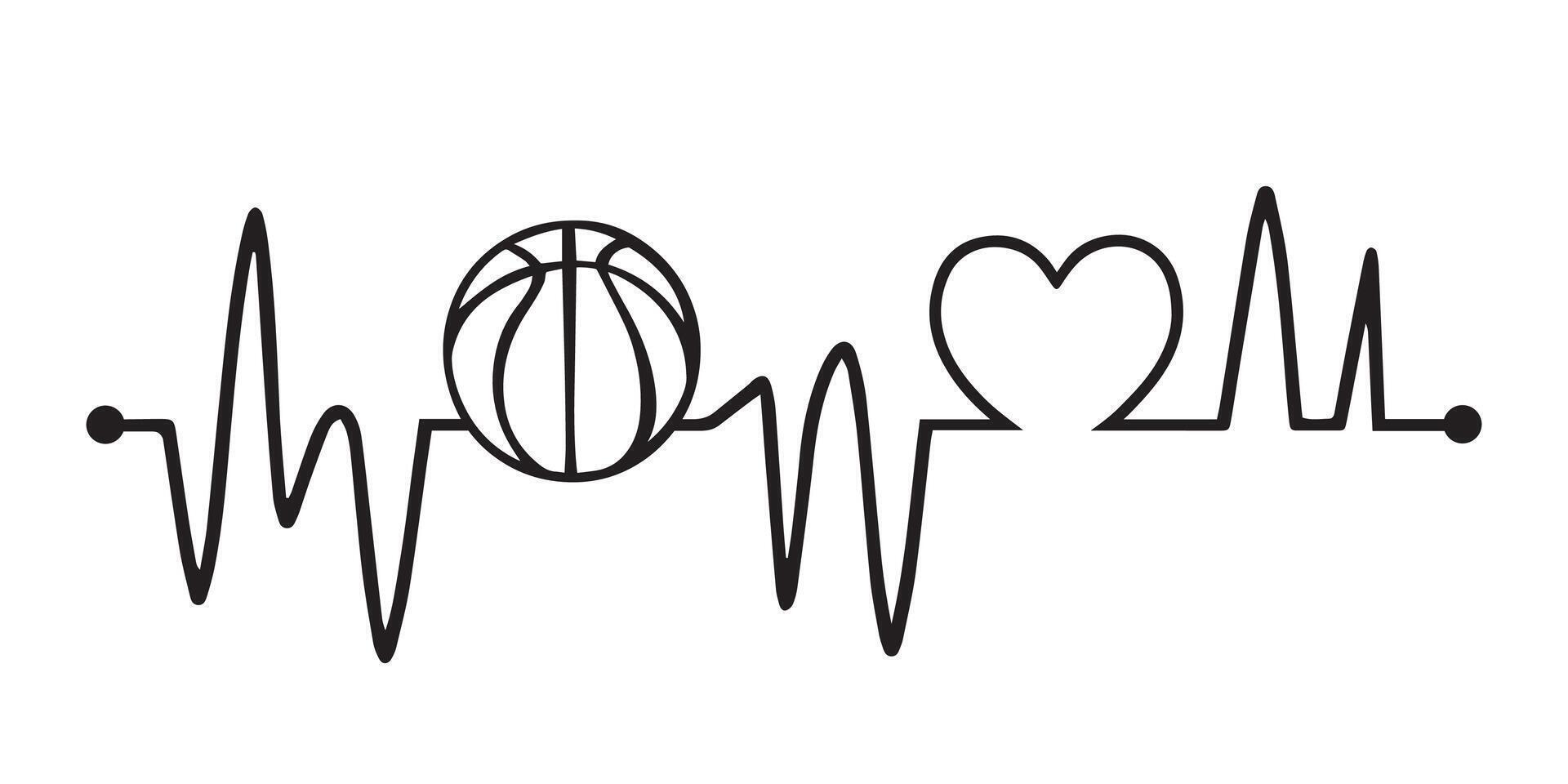 Basketball Heartbeat wave illustration in black and white vector