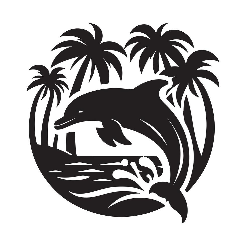 dolphin palm tree Silhouette illustration in black and white vector